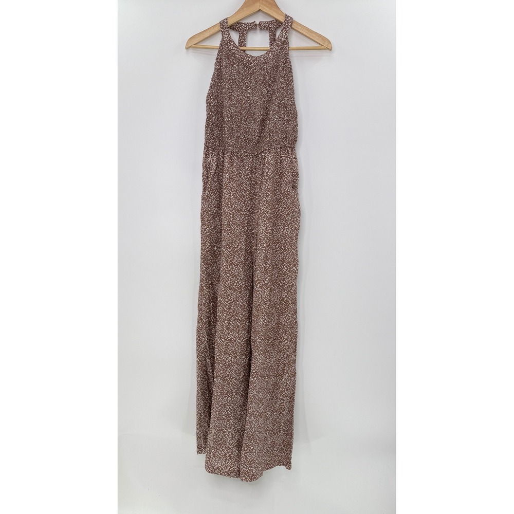 Japna Brown White Animal Print Smocked Halter Wide Leg Jumpsuit Womens Small